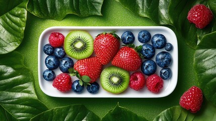 Poster - Juicy strawberries, blueberries, raspberries and kiwi on plate with green leaf border
