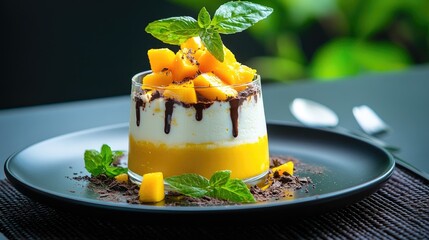 Poster - Layered panna cotta with rich topping of mango chunks and melted chocolate