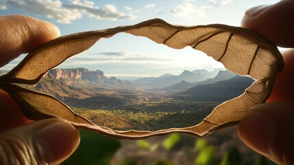 Poster - Leafy lens: dried leaf used as frame to showcase scenic wilderness view