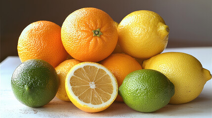Poster - Assorted citrus fruits including orange, lemon, and lime arranged on white table, showcasing vibrant colors and fresh, juicy textures in natural light setting