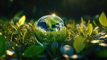 Aufkleber - Macro of a glistening droplet shaped like Earth over grass, showing connection between nature and planet