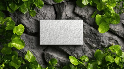 Poster - Minimalist business card on rocky texture, surrounded by fresh green foliage
