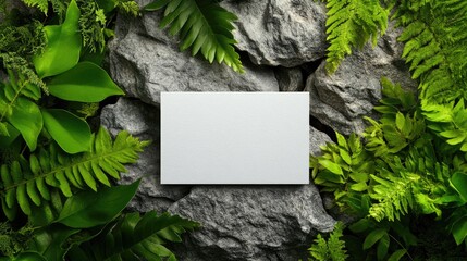Poster - Minimalist business card on rocky texture, surrounded by fresh green foliage