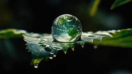 Poster - Nature background with Earth in a single dew drop on leaf edge, symbolizing global fragility