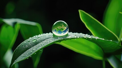 Poster - Nature background with Earth in a single dew drop on leaf edge, symbolizing global fragility