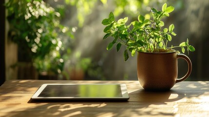 Poster - Organized table with tablet, ceramic cup, and plant, clean modern look