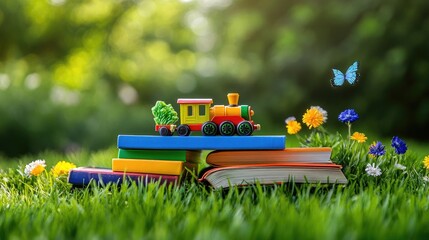 Poster - Playful train toy centered on colorful books with a vibrant green field in background