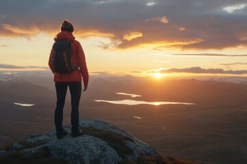 Poster - Woman enjoying sunset view from a high mountain peak while standing on a rock, Woman standing on rock on top of the high mountain looking epic view in Norway at sunset aerial shot