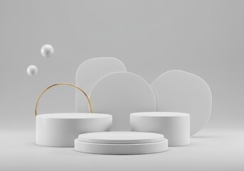 Poster - White podiums and spheres, minimalist product display stand for presentation
