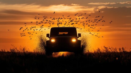 Poster - Silhouette of a vehicle at dusk with birds crossing sunset horizon