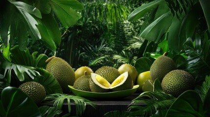 Poster - Still life of tropical durians surrounded by natural greenery, focus on textures
