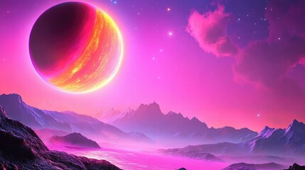 Distant star system in purple nebula with planetary body glowing in pink light