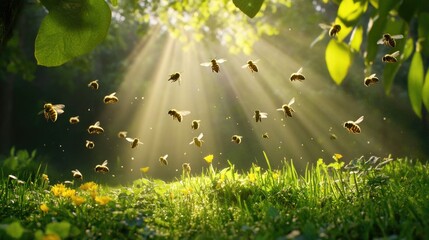 Poster - Sunlight filtering through bees in motion above grass and leaves