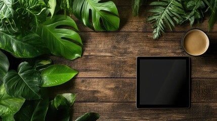 Poster - Tech meets nature: tablet on wood next to leafy plant and warm coffee cup