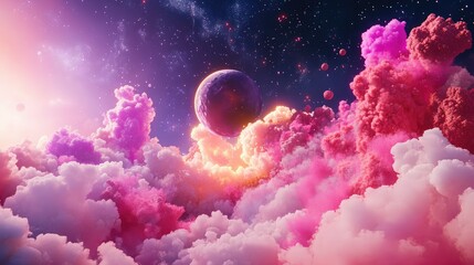 Sci-fi nebula scene with radiant colors and a small mysterious planet in cosmic field