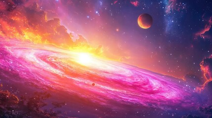 Poster - Vivid galactic image with swirling magenta nebula and tiny planet on event horizon