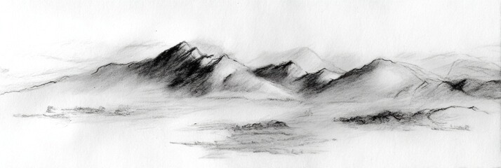 Poster - Soft Pencil Landscape Sketch Depicting Serene Mountain Range With Minimal Shading Captured During a Quiet Afternoon Generative AI