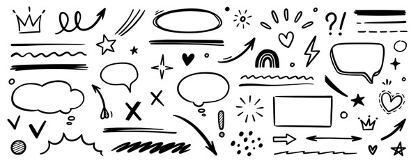 Aufkleber - Line hand drawn brush marker arrow, heart shape element set. Hand drawn sketch marker underline shape, arrow, star marker brush pen stroke icon heart element. Vector illustration