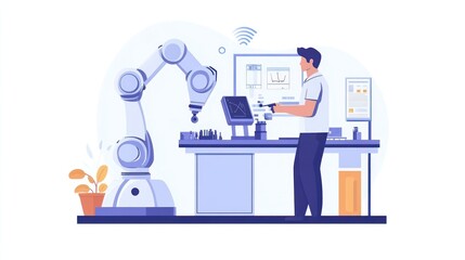 Poster - Person operating robotic arm automation and technology illustration