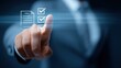 © khumthong - Businessperson digitally checks a checklist on a screen completing tasks efficiently and effectively showing progress