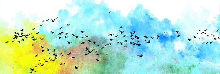 Fototapete - Colorful Watercolor Depiction of Birds in Flight Across a Bright Blue Sky at Dawn Generative AI