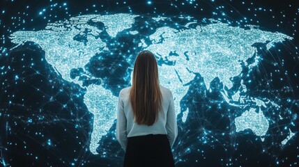 Poster - Global Network Connection: A Woman Facing a Luminous World Map