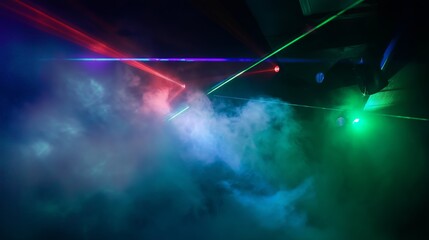 Poster - Dark Room with Smoke Illuminated by Colorful Laser Beams