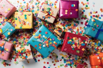 Poster - Brightly Wrapped Gifts Surrounded by a Colorful Confetti Explosion Create a Festive Atmosphere for Celebrations and Special Occasions Generative AI