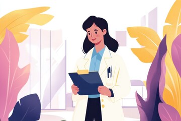 Poster - Vaccine researcher reviews notes while observing plant life in a modern lab setting, vaccine researcher taking notes on the clipboard