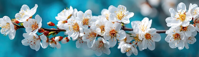 Poster - Blossoming apricot tree branches with springtime blue background concept. Delicate cherry blossom flowers blooming in spring sunlight.