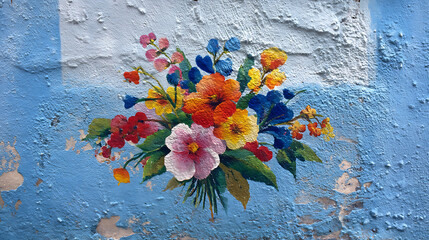 Poster - A colorful bouquet of flowers painted on a textured wall