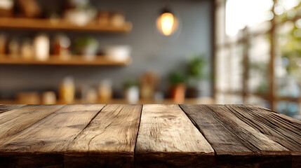 Poster - A wooden kitchen table with a blurred background