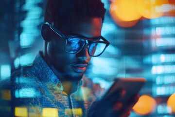Poster - financial data analysis conducted by a focused biracial businessman with modern technology, financia