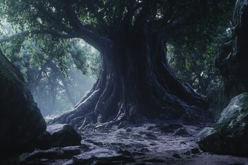 Poster - Majestic tropical trees with expansive roots illuminating the forest floor at dawn, Large Tropical Trees With Massive Roots - Wide, Tracking Shot