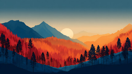 Aufkleber - Abstract colorful forest mountain landscape with sunset