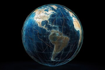  - Global network connections visualized in 3D map highlighting Earth and technological interconnections worldwide, 3D Earth Connections Global Technology Woldwide Digital Networkfrom Tokyo,Japan