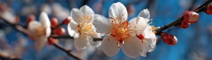 Poster - Blossoming apricot tree branches with springtime blue background concept. Delicate white flowers blooming on a sunny spring day.