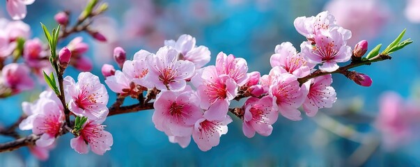 Poster - Blossoming apricot tree branches with springtime blue background concept. Delicate pink blossoms on a branch against a serene blue background.