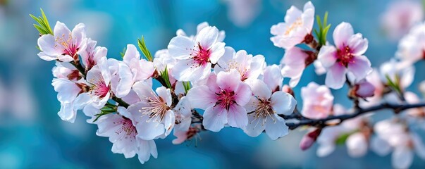 Poster - Blossoming apricot tree branches with springtime blue background concept. Delicate cherry blossoms blooming against a serene blue backdrop.