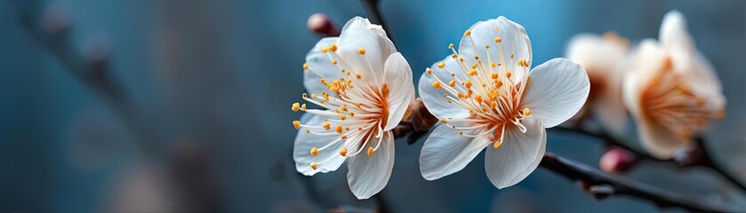 Poster - Blossoming apricot tree branches with springtime blue background concept. Beautiful blossoms on a branch with a soft blue background.