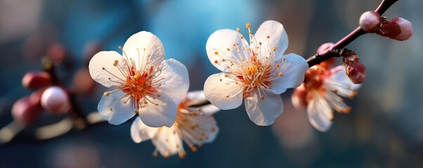 Poster - Blossoming apricot tree branches during peaceful springtime sunlight concept. Delicate blossoms of an apricot tree in a serene natural setting.