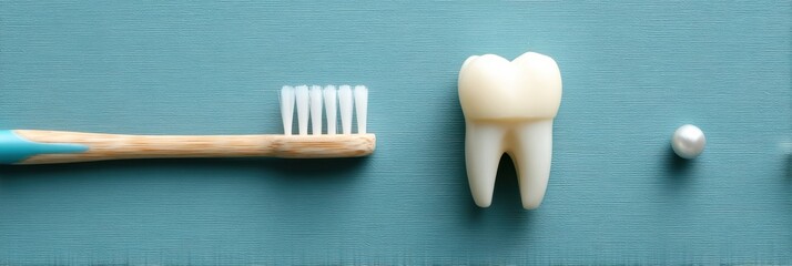Aufkleber - Toothbrush and Implant Crown Arranged in a Flat Lay Composition on a Blue Background Highlighting Dental Care Essentials Generative AI