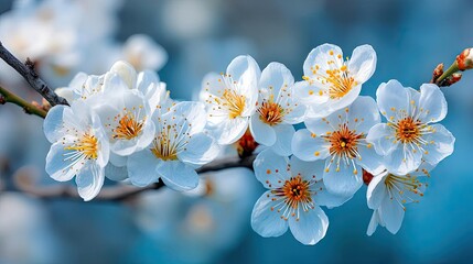 Poster - Blossoming apricot tree branches with beautiful blurred sky concept. Beautiful white cherry blossoms against a serene blue background.