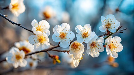 Poster - Blossoming apricot tree branches with beautiful blurred sky concept. Beautiful white blossoms on a branch in soft spring sunlight.