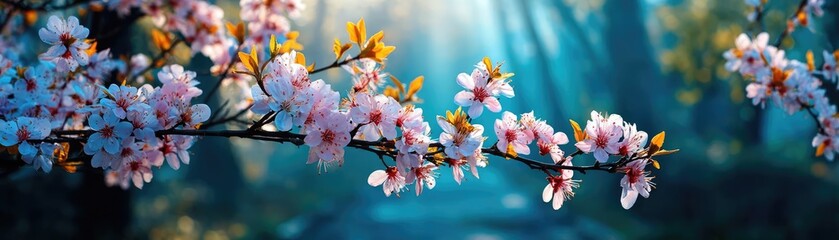 Poster - Blossoming apricot tree branches during peaceful springtime sunlight concept. Beautiful cherry blossoms illuminated by soft morning light.