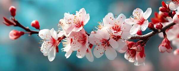Poster - Blossoming apricot tree branches with beautiful blurred sky concept. Beautiful cherry blossom branch in full bloom against a blue backdrop.