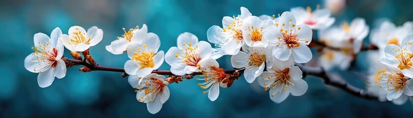 Poster - Blossoming apricot tree branches during peaceful springtime sunlight concept. Delicate white blossoms on a branch against a tranquil background.