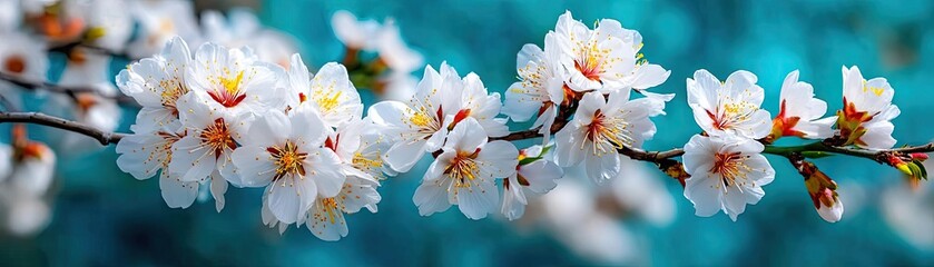 Poster - Blossoming apricot tree branches during peaceful springtime sunlight concept. Beautiful cherry blossoms blooming against a vibrant blue background.