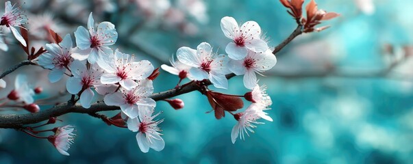 Poster - Blossoming apricot tree branches during peaceful springtime sunlight concept. Delicate cherry blossoms blooming against a serene turquoise background.