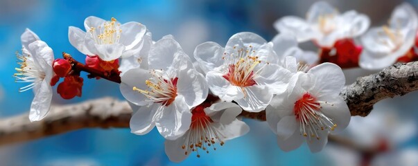 Poster - Blossoming apricot tree branches with beautiful blurred sky concept. Delicate white blossoms on a branch showcasing spring beauty.